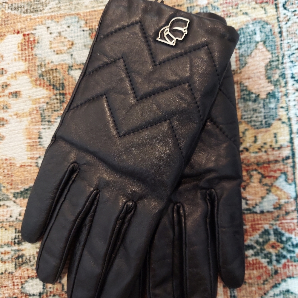 Karl Lagerfeld Leather Gloves Womans size L Black